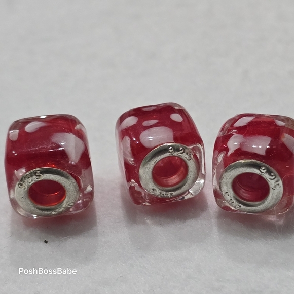 Set of 3 Red & White Polka Dot Murano Glass Square European Beads – 925 Sterling - Picture 2 of 7